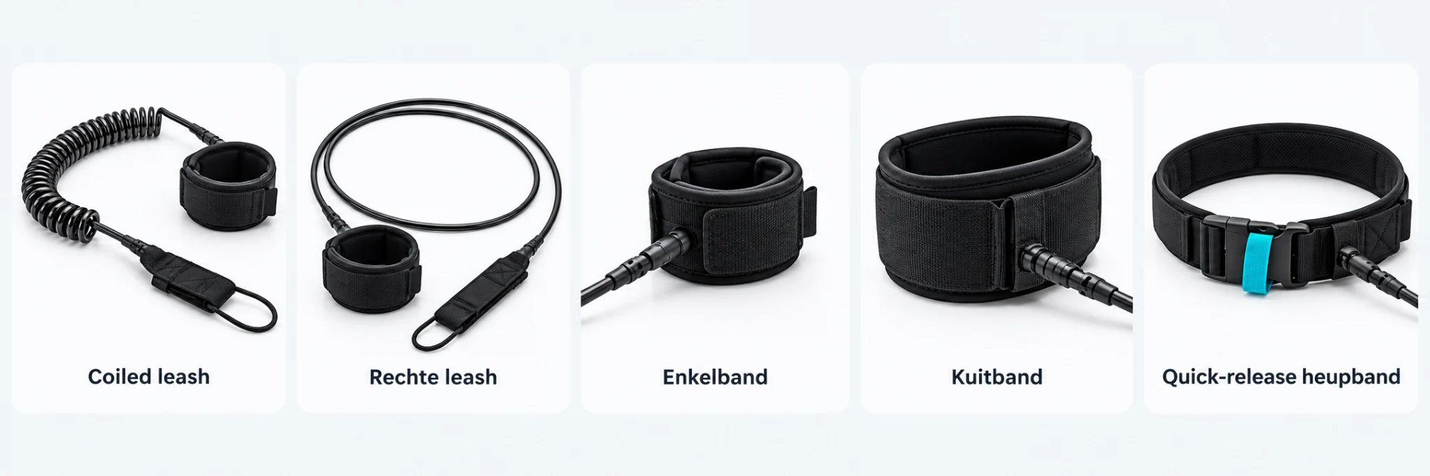 Coiled leash, rechte leash, enkelband, kuitband en quick-release heupband naast elkaar